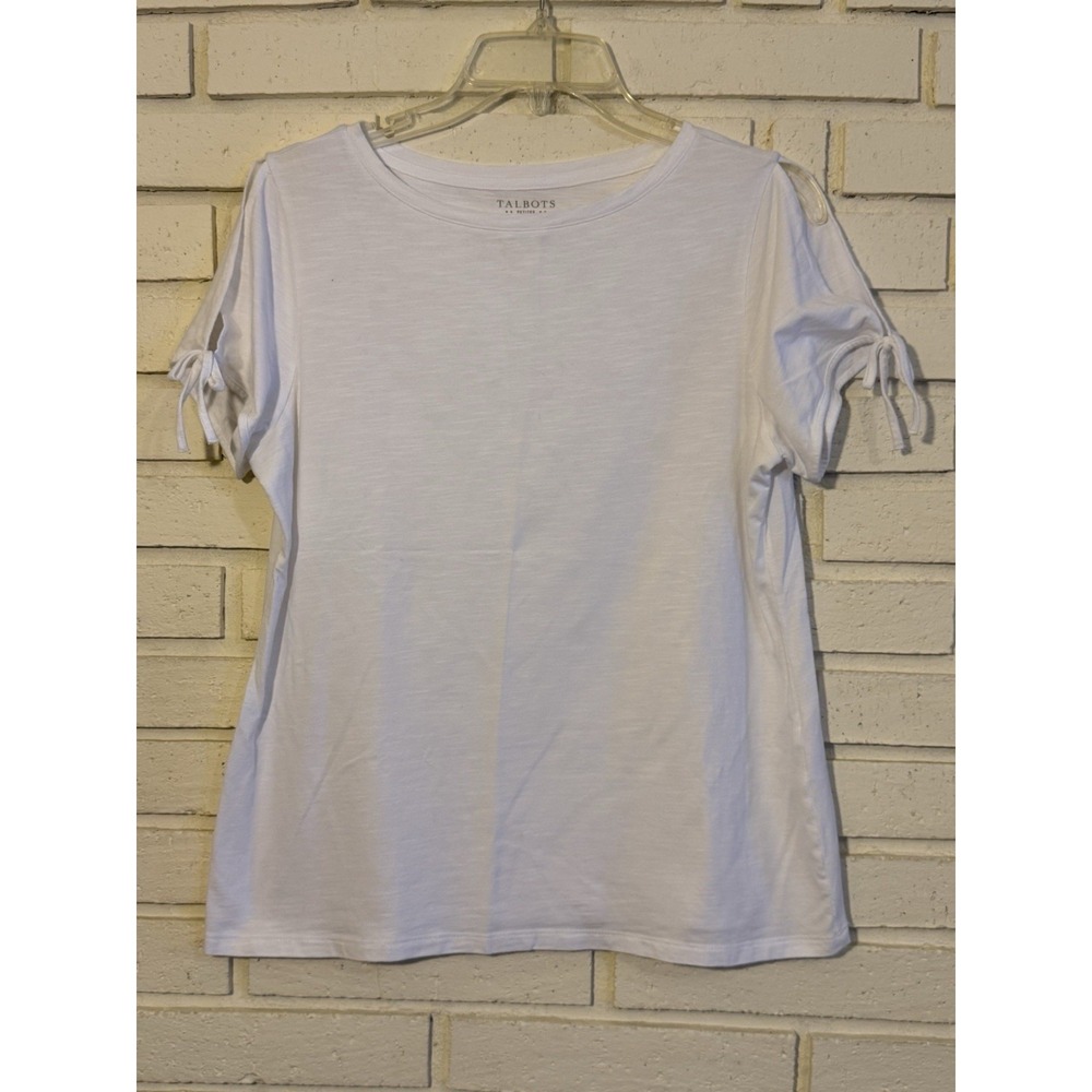 Talbots Size Medium Petite White Cold Shoulder Short Sleeve Tee Top Casual